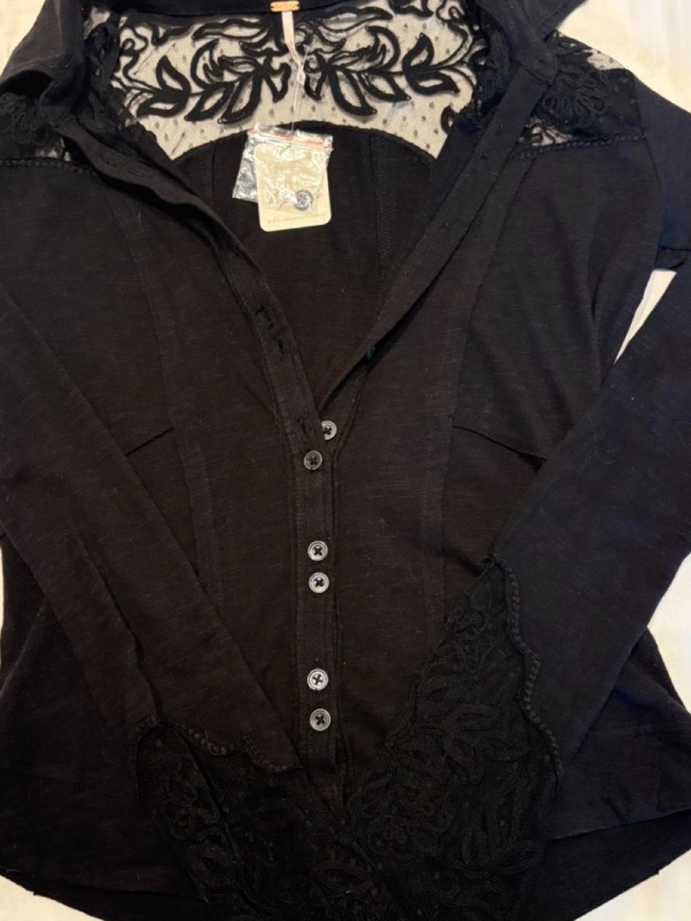 Free People Black Lace-Trim Button Down Shirt - Picture 5 of 5